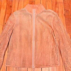 HILARY RADLEY Tan 100% Suede Perforated Zip Up Lightweight Jacket - Size SMALL